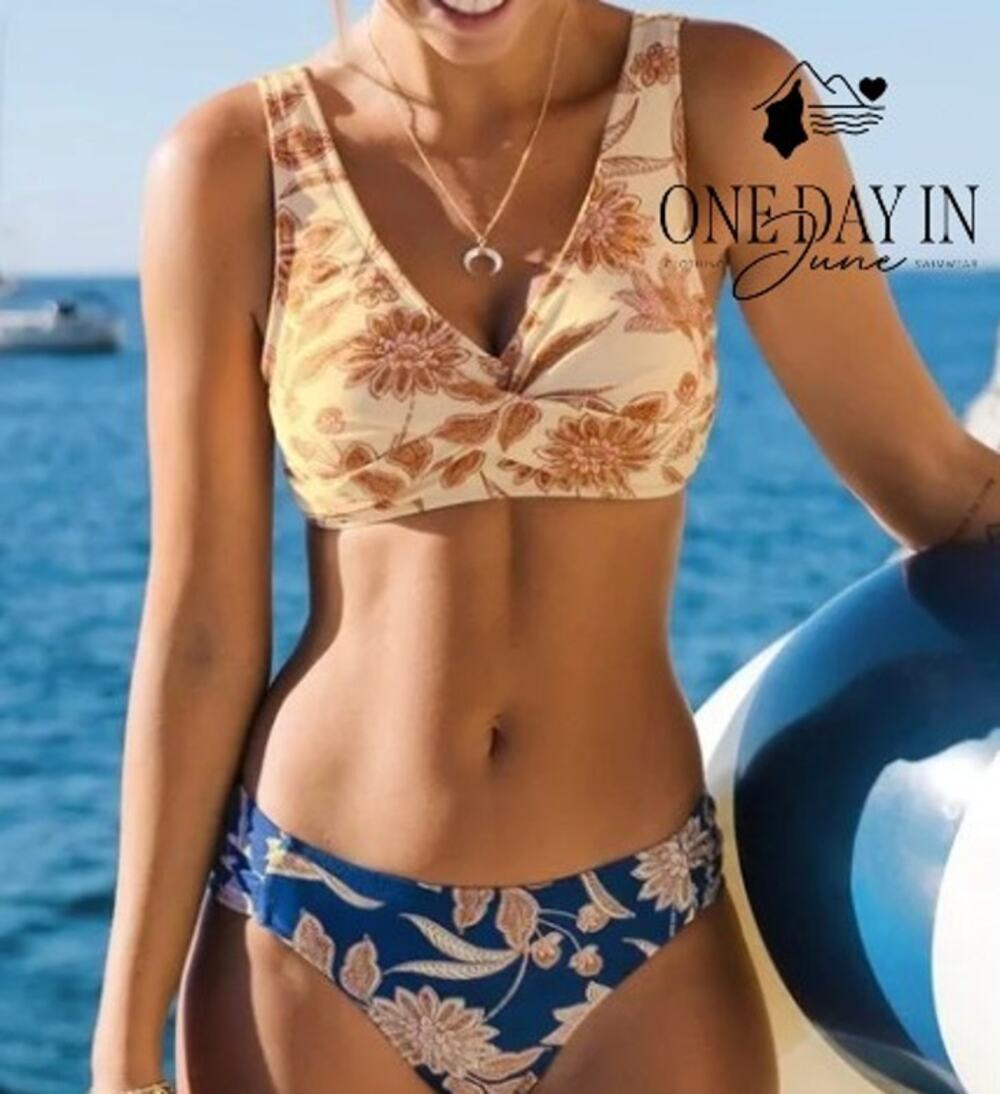 Cupshe Cross Front Bikini Swimsuit Floral Cream Navy Blue Two Piece NWT Size XL
